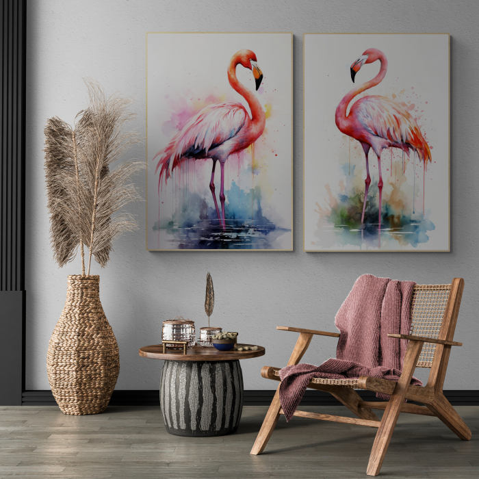Tablou decorativ, Modern, Animale, Pasari, Flamingo roz in stil abstract, pentru living [1]