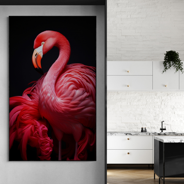 Tablou decorativ, Modern, Animale, Pasari, Flamingo roz pe fundal negru, pentru living [1]