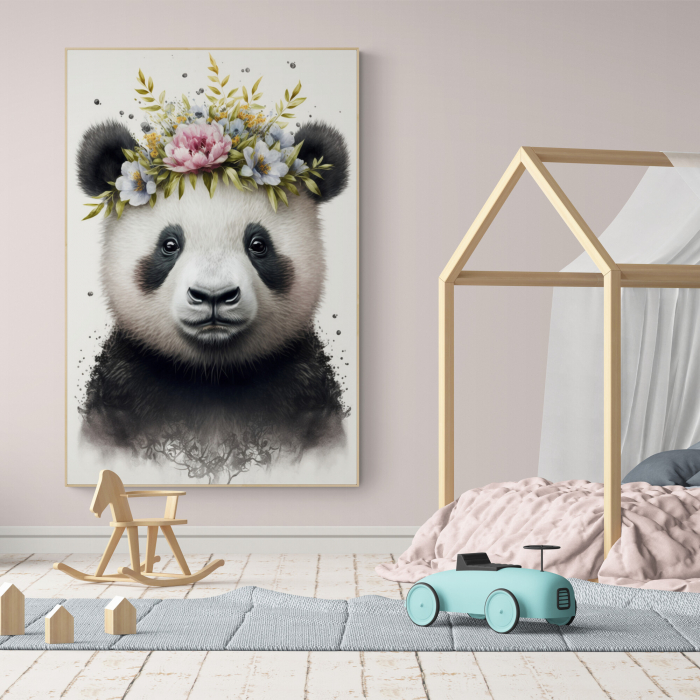 Tablou decorativ cu urs panda și flori colorate pe cap [1]