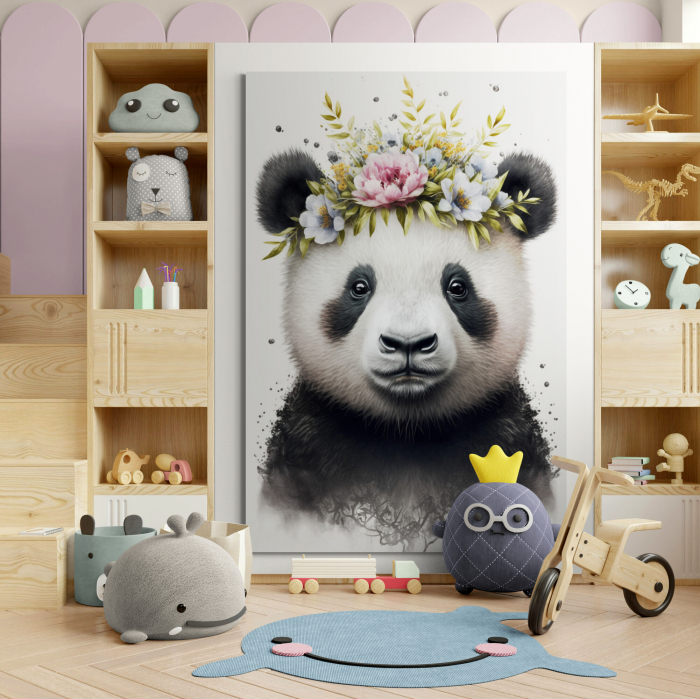 Tablou decorativ cu urs panda și flori colorate pe cap [2]