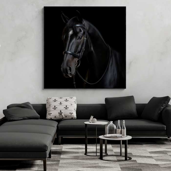 Tablou decorativ, Modern, Cal negru, pe fundal negru, pentru living, sufragerie [1]