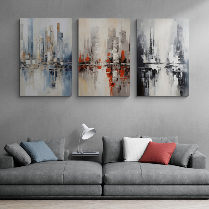 Tablou abstract modern cu oraș în gri, albastru, roșu pentru hotel [1]