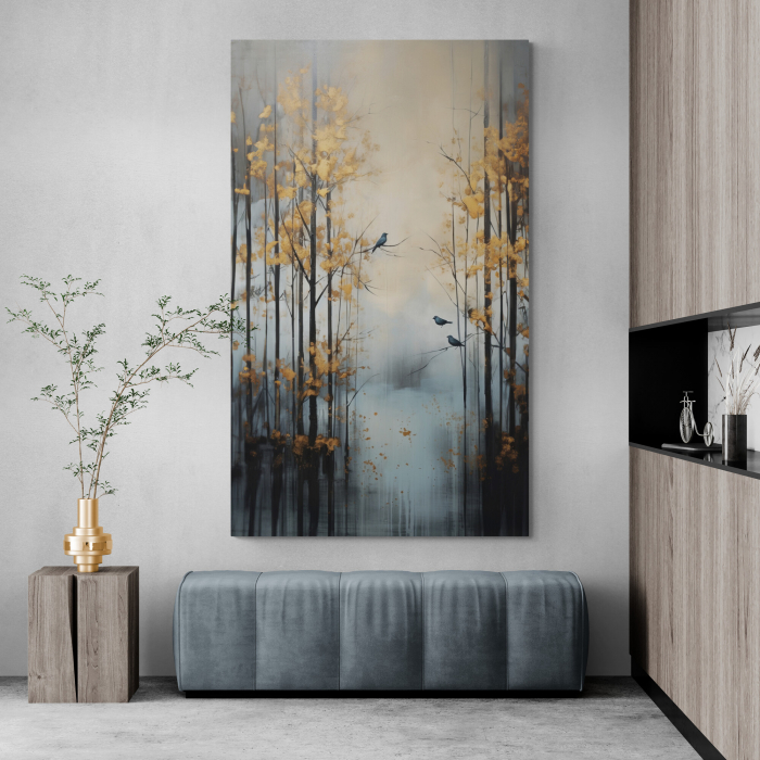 Tablou canvas abstract cu copaci și păsări în albastru și crem pentru hotel [1]