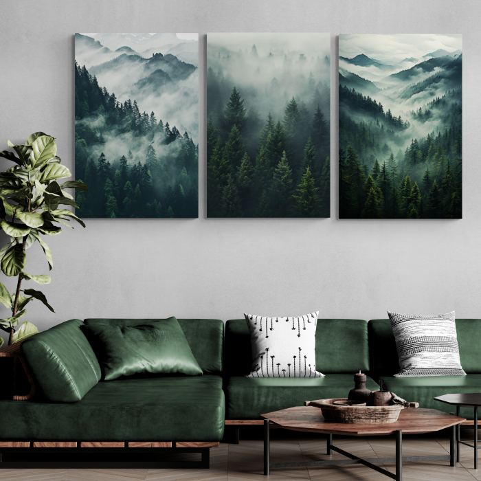 Tablou abstract cu munti si brazi, nuante de gri și verde. [1]