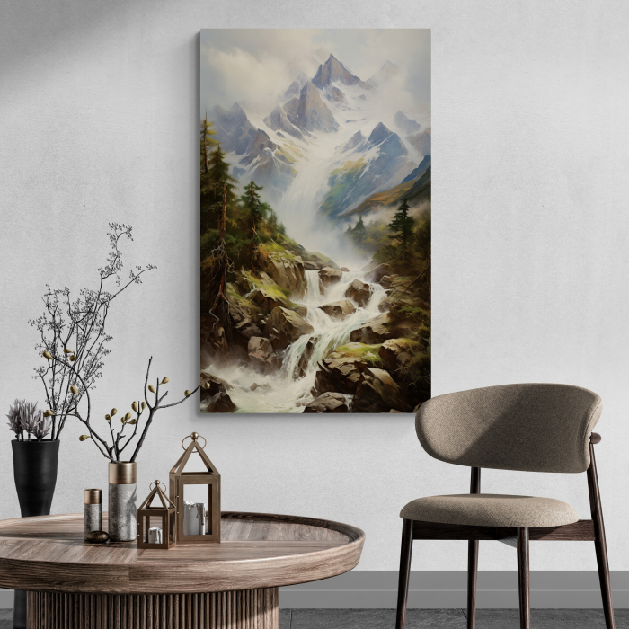Tablou modern cu peisaj montan si cascada în verde pentru hol [1]