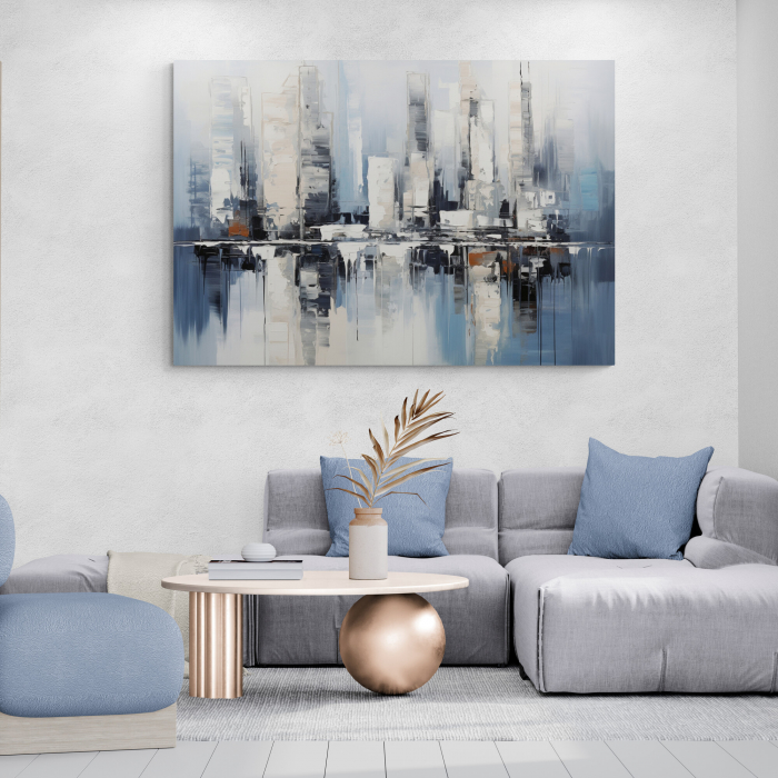 Tablou canvas abstract modern cu oraș în nuanțe de albastru [1]