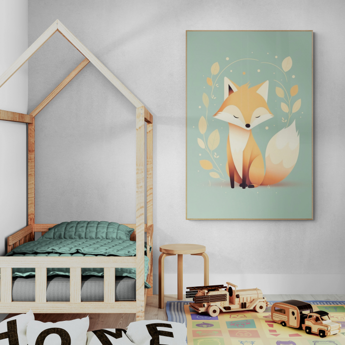 Tablou abstract modern cu vulpe pe fundal turcuaz pentru copii. [1]