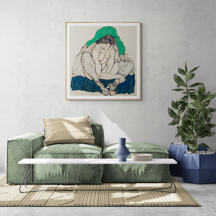 Tablou canvas abstract cu Crouching Woman cu eșarfă verde - Egon Schiele. [1]