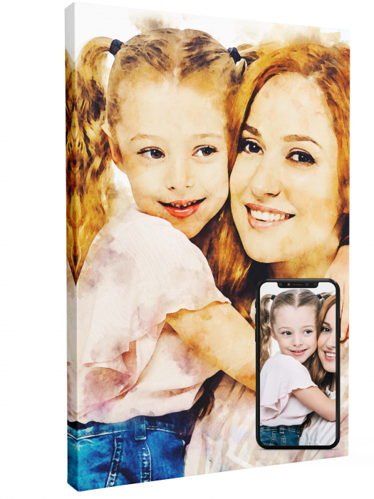 Tablou personalizat cu rama, poza Mama & Fiica, in stil pictura in ulei, Intaglio, color, print pe hartie foto Fine Art [2]