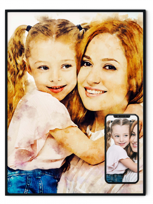 Tablou personalizat cu rama, poza Mama & Fiica, in stil pictura in ulei, Intaglio, color, print pe hartie foto Fine Art [1]