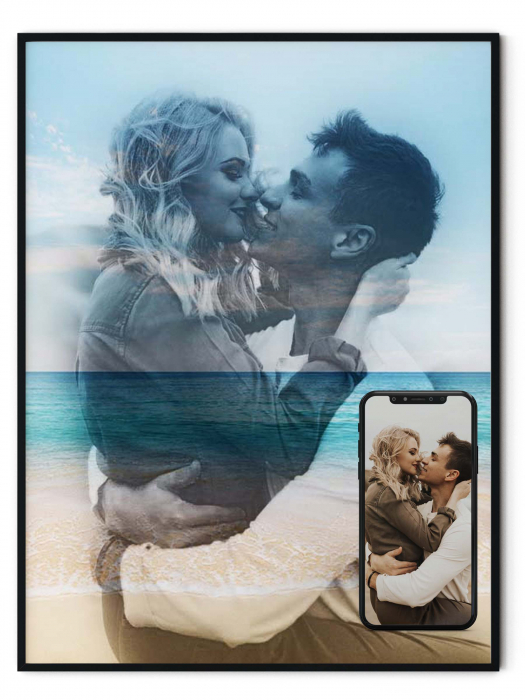 Tablou personalizat cu rama, poza cuplu romantic si marea, in dubla expunere, Intaglio, color, print pe hartie foto Fine Art [1]