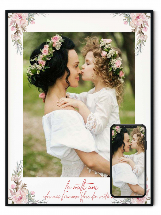 Tablou personalizat cu rama, poza Mama & Fiica si mesaj, Intaglio, color, print pe hartie foto Fine Art [1]
