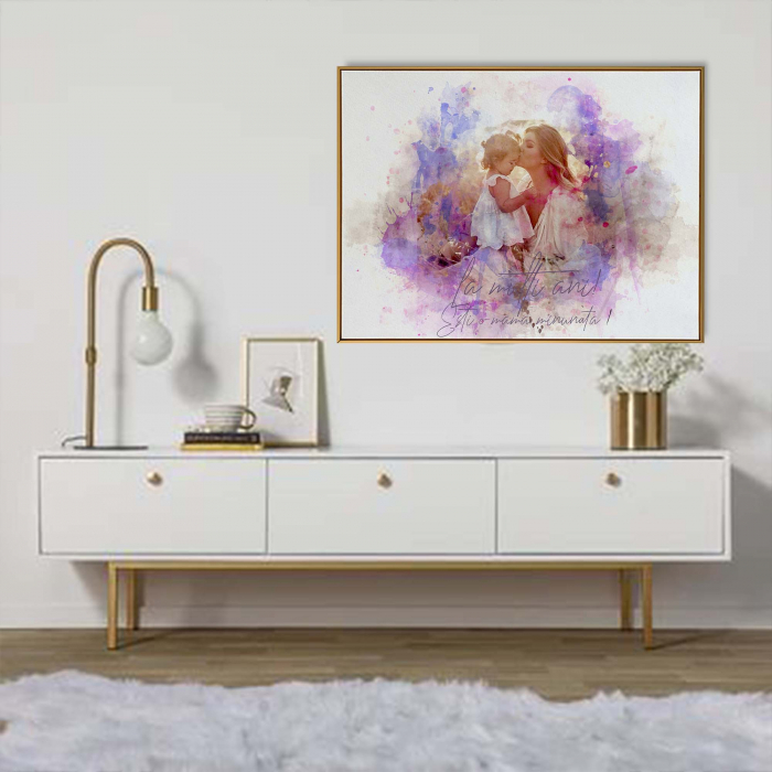 Tablou personalizat cu rama, poza Mama & Fiica si mesaj, in stil acuarela, Intaglio, color, print pe hartie foto Fine Art [5]