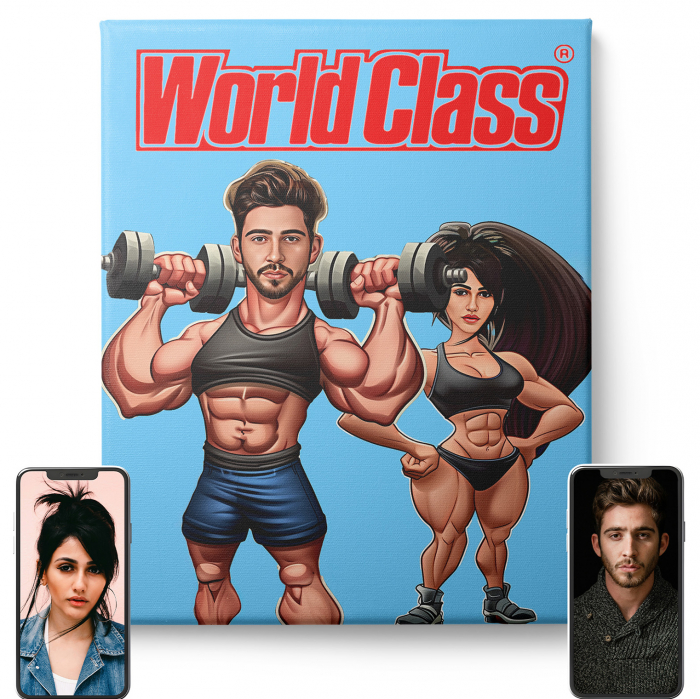 Tablou personalizat Intaglio – Caricatură de cuplu Fitness World Class, cu fotografiile voastre, pe canvas Premium [1]