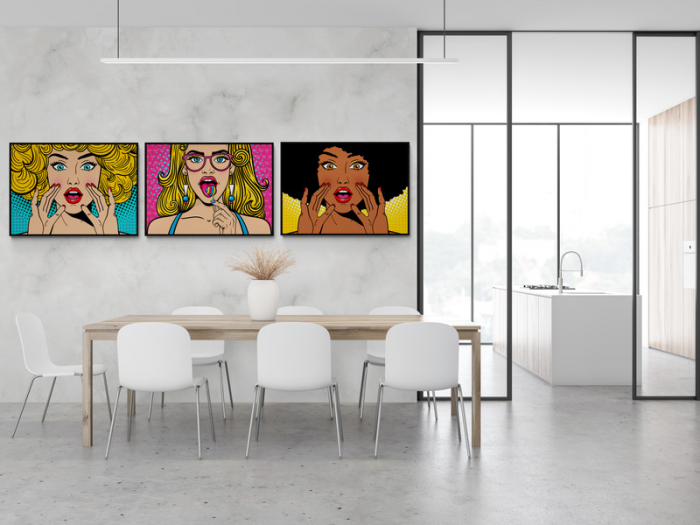 Set tablouri Pop Art, print pe hartie foto fine art, portret femeie fundal turcoaz roz galben, poster [1]