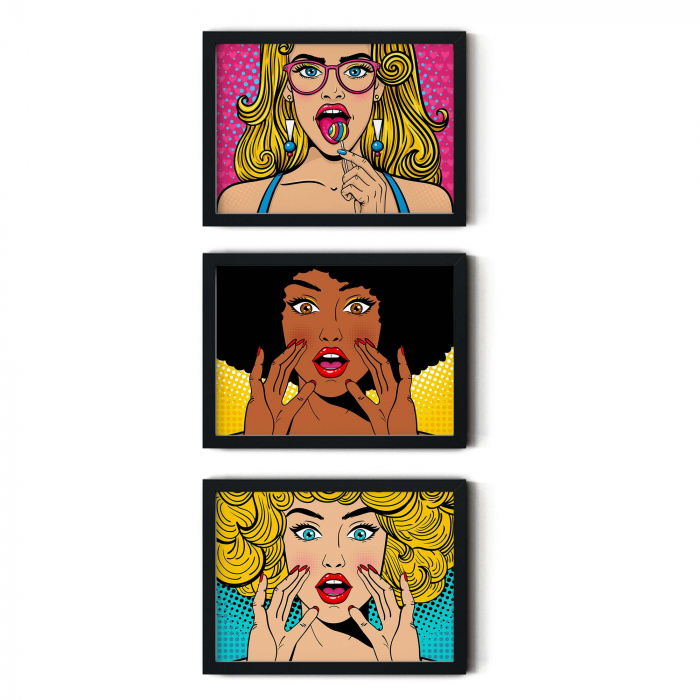 Set tablouri Pop Art, print pe hartie foto fine art, portret femeie fundal turcoaz roz galben, poster [6]