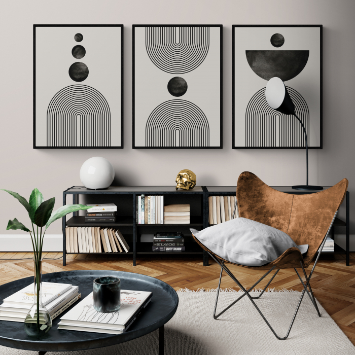 Tablouri Abstracte, print pe hartie foto Fine Art, Intaglio, set 3 postere, moderne minimaliste, Alb Negru, pentru libing, birou [1]