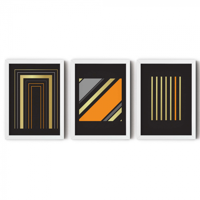 Tablouri Abstracte, print pe hartie foto Fine Art, Intaglio, set 3 postere, Linii color pe fundal negru, pentru casa, birou [6]