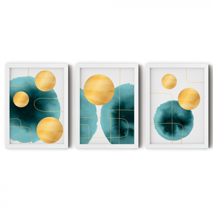 Set 3 tablouri, Intaglio, Abstracte, Albastru turcoaz, print pe hartie foto Cercuri galbene, postere moderne, pentru dormitor, living, hol [6]