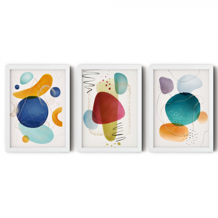 Set 3 tablouri, Intaglio, Abstracte, multicolor, print pe hartie foto Fine Art, postere moderne cu forme colorate, pentru dormitor, living, camera copii [6]