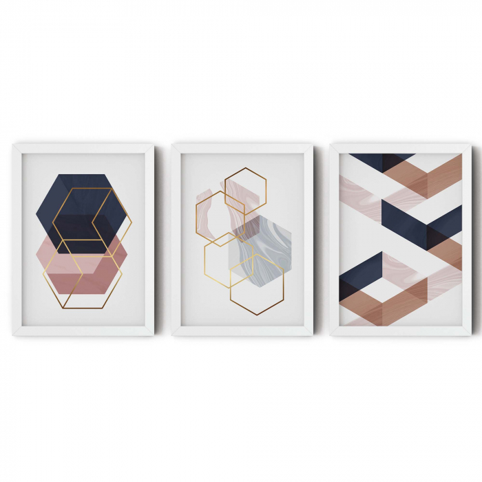 Set 3 tablouri, Intaglio, Abstracte, Roz pal, print pe hartie foto Fine Art, forme geometrice, postere moderne, pentru dormitor, living, camera copii [8]