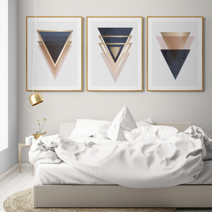 Set 3 tablouri, Intaglio, Abstracte, Roz pal, print pe hartie foto Fine Art, forme geometrice triunghiuri, postere moderne, pentru dormitor, living [1]