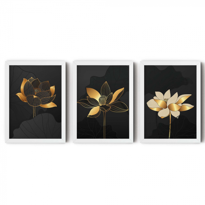 Set 3 tablouri, Intaglio, Flori, negru auriu, print pe hartie foto Fine Art, postere moderne cu flori elegante, pentru dormitor, living, bucatarie [6]