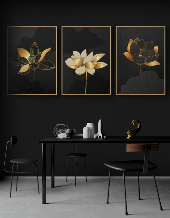 Set 3 tablouri, Intaglio, Flori, negru auriu, print pe hartie foto Fine Art, postere moderne cu flori elegante, pentru dormitor, living, bucatarie [1]