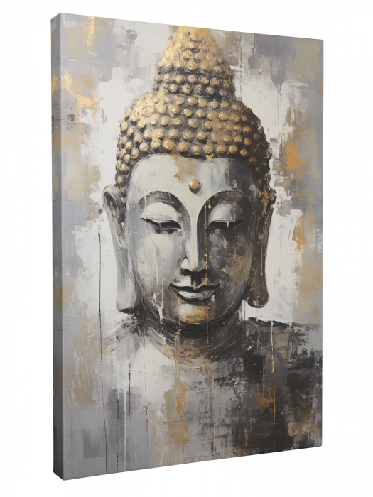 tablouri canvas cu Buddha în poziție lotus și portret frontal, pe fundaluri aurii și gri [3]