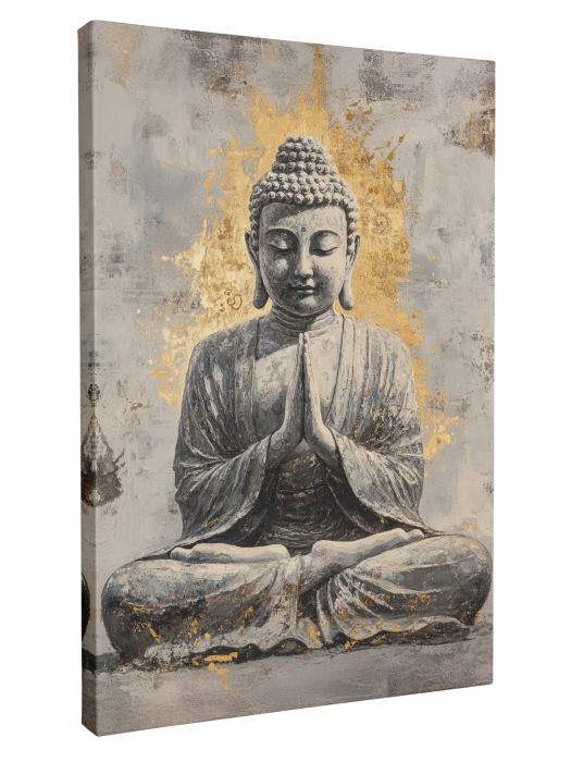 tablouri canvas cu Buddha în poziție lotus și portret frontal, pe fundaluri aurii și gri [2]