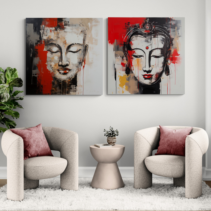 tablouri abstracte cu chipul lui Buddha în culori intense de roșu, negru și alb [1]