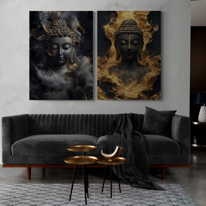 tablouri moderne cu chipuri aurii de Buddha învăluite în fum artistic [1]