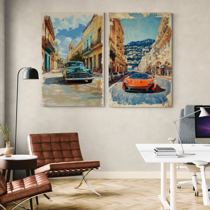 Tablouri Canvas cu Mașini Clasice și Peisaje Urbane – Eleganță Retro și Dinamism Modern [1]