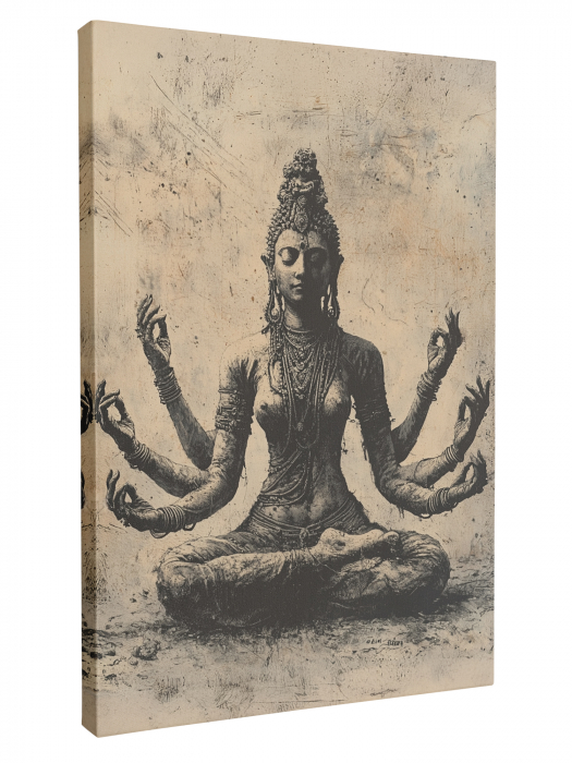 Două tablouri canvas în tonuri neutre, reprezentând o femeie în poziție de lotus și o divinitate hindusă cu multiple brațe [2]