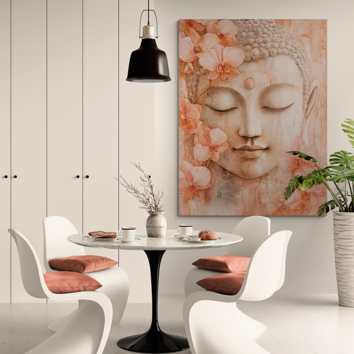 Tablou canvas cu figura liniștită a lui Buddha, înconjurată de orhidee roz [1]