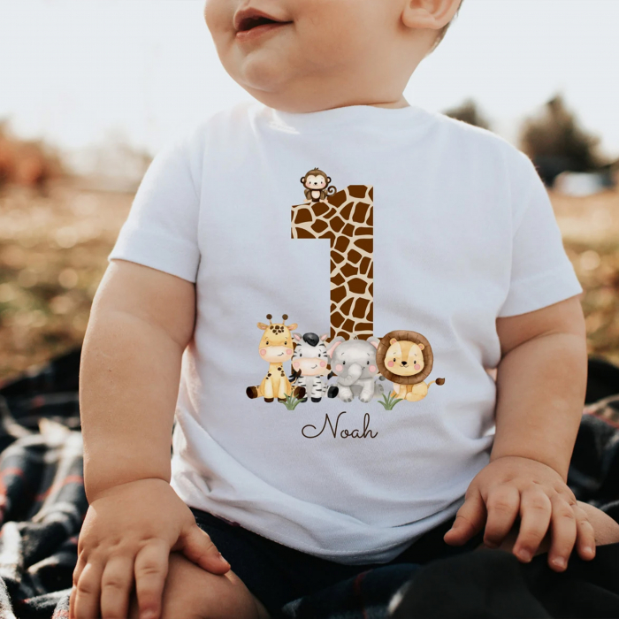 Tricou personalizat pentru ziua de naștere cu dinozauri, animale sau mesaje colorate [1]