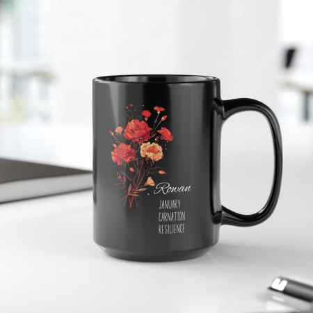 Căni personalizate - Cană personalizată neagră cu flori și nume