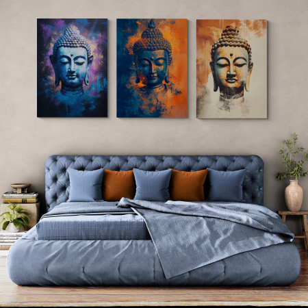 Tablouri Buddha - portrete stilizate ale lui Buddha, în nuanțe puternice de albastru, portocaliu și crem