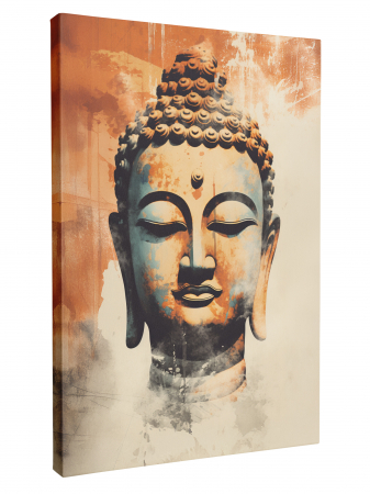 portrete stilizate ale lui Buddha, în nuanțe puternice de albastru, portocaliu și crem [3]