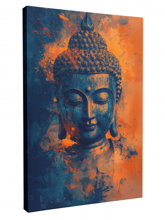 portrete stilizate ale lui Buddha, în nuanțe puternice de albastru, portocaliu și crem [2]