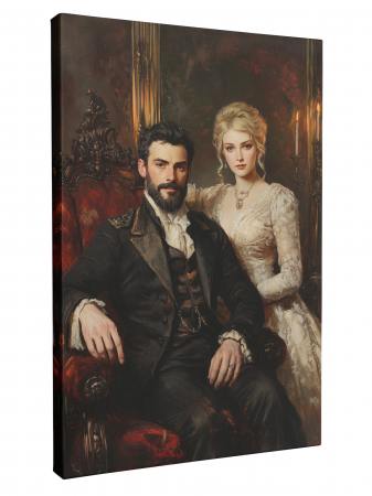 Tablouri personalizate Royal - Un tablou personalizat cu un cuplu regal îmbrăcat în haine clasice, așezat pe un tron decorat.