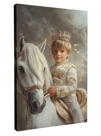 Tablouri personalizate Royal - Un tablou personalizat cu un copil îmbrăcat în ținută regală albă, călărind un cal alb.