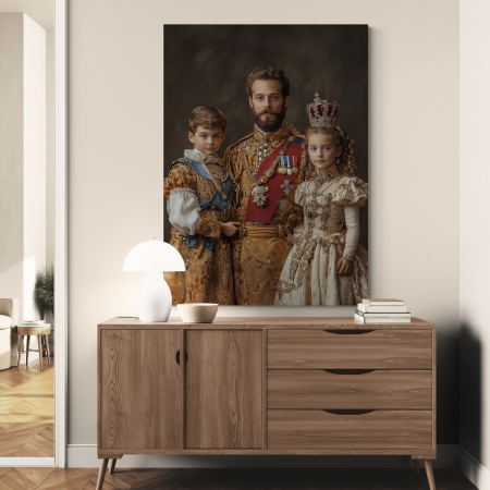 Un tablou personalizat cu o familie îmbrăcată în haine nobiliare, într-un decor sofisticat. [1]