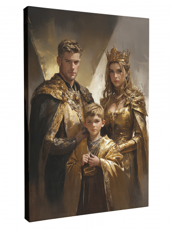 Tablouri personalizate Royal - Un tablou personalizat cu o familie regală în haine aurii, decoruri de lux și coroane.