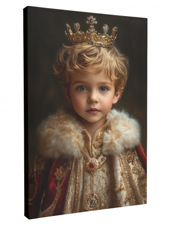 Tablouri personalizate Royal - Un tablou personalizat cu un copil purtând o coroană regală și o mantie roșie cu blană albă.