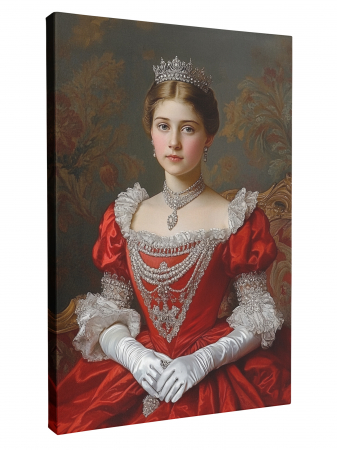 Tablouri personalizate Royal - Un tablou personalizat cu o regină elegantă, îmbrăcată în rochie verde, așezată pe un tron decorat.
