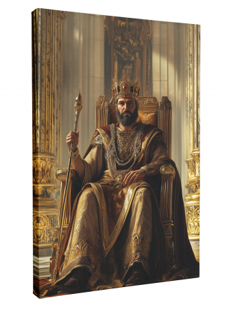 Tablouri personalizate Royal - Un tablou personalizat cu un rege așezat pe un tron din aur, purtând o coroană și o mantie decorată.