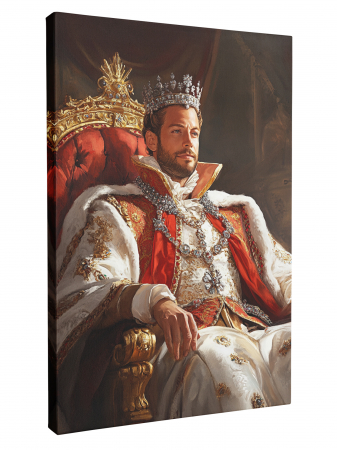 Tablouri personalizate Royal - Un tablou personalizat cu un rege așezat pe un tron roșu, purtând o coroană și o mantie decorată.