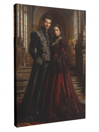 Tablouri personalizate Royal - Un tablou personalizat cu un cuplu îmbrăcat în haine gotice, într-un decor de castel.