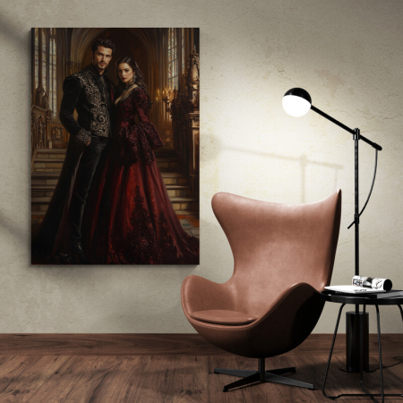 Un tablou personalizat cu un cuplu îmbrăcat în haine gotice, într-un decor de castel. [1]